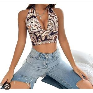 BROWN WAVY PRINT HALTER TOP